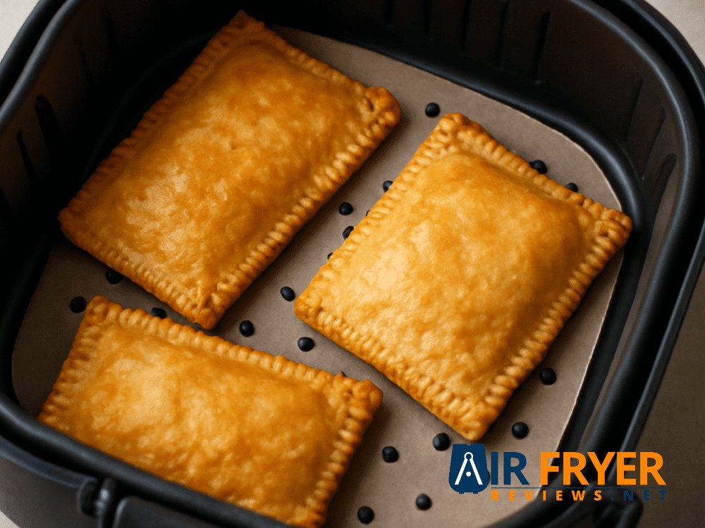 Golden-brown hand pies cooking in an air fryer on perforated parchment paper, showcasing a simple and mess-free baking method for finger foods or comfort snacks.
