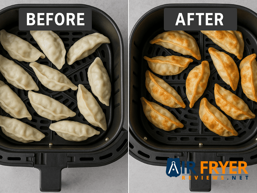 Air Fryer Frozen Potstickers: Quick & Easy Dumplings for a Delicious Snack 10 A "before" photo of slightly sad undercooked potstickers next to an "after" photo of perfectly golden crispy ones