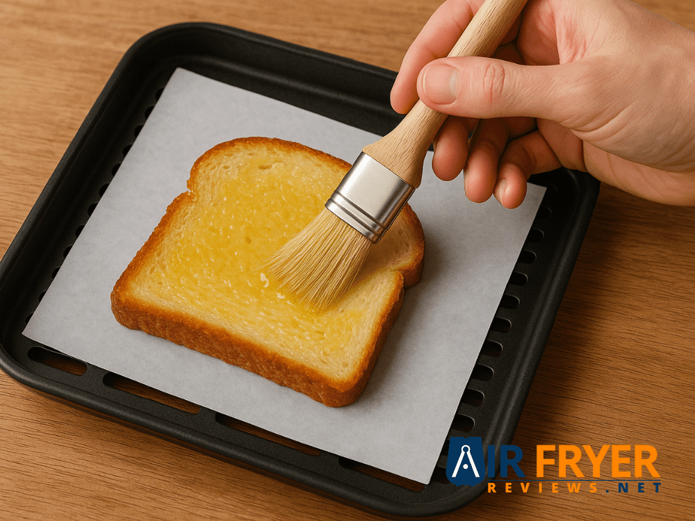 Hand brushing melted butter on a slice of bread placed on an air fryer tray for extra crispiness before cooking