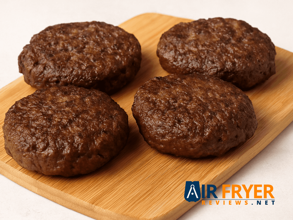 Cooked frozen burgers resting on a cutting board or plate.