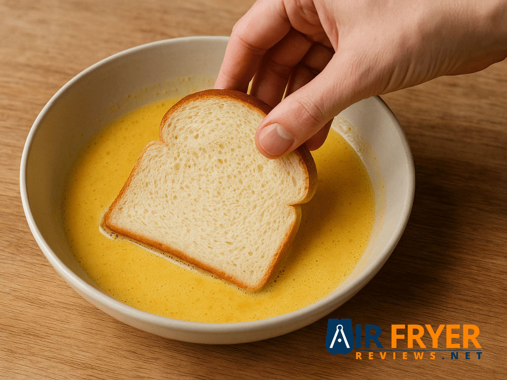 a hand dipping a slice of bread into a yellow French-toast batter in a shallow bowl on a wooden surface.