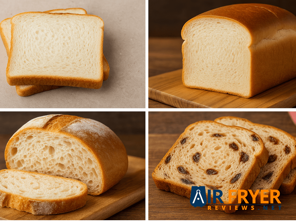 Assorted sliced bread varieties including white bread, Texas toast, whole wheat, potato bread, and rye shown as a breakfast and cooking ingredient on a wooden surface.