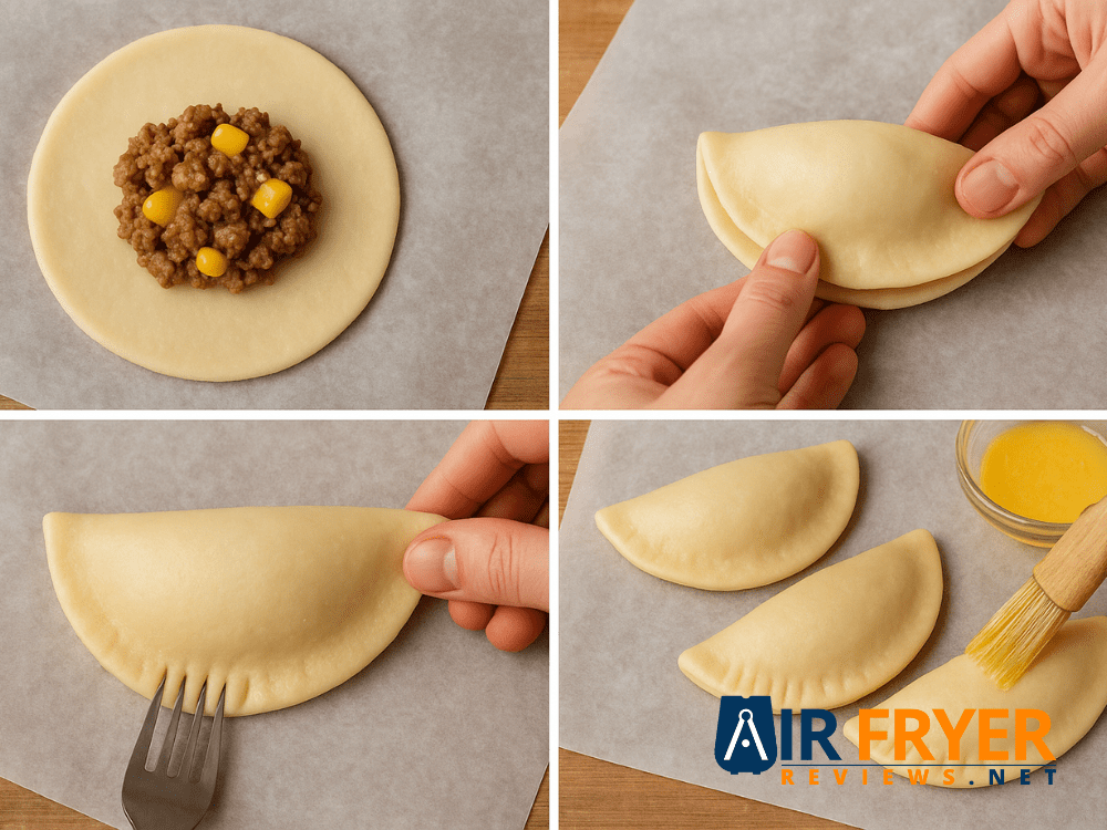 Four-step collage showing empanada preparation: adding filling, folding dough, sealing edges with a fork and brushing egg wash on uncooked turnovers.