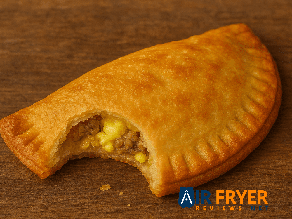 Final high quality photo of a golden brown crispy breakfast pie perhaps with a bite taken out to show flaky layers Air Fryer Reviews