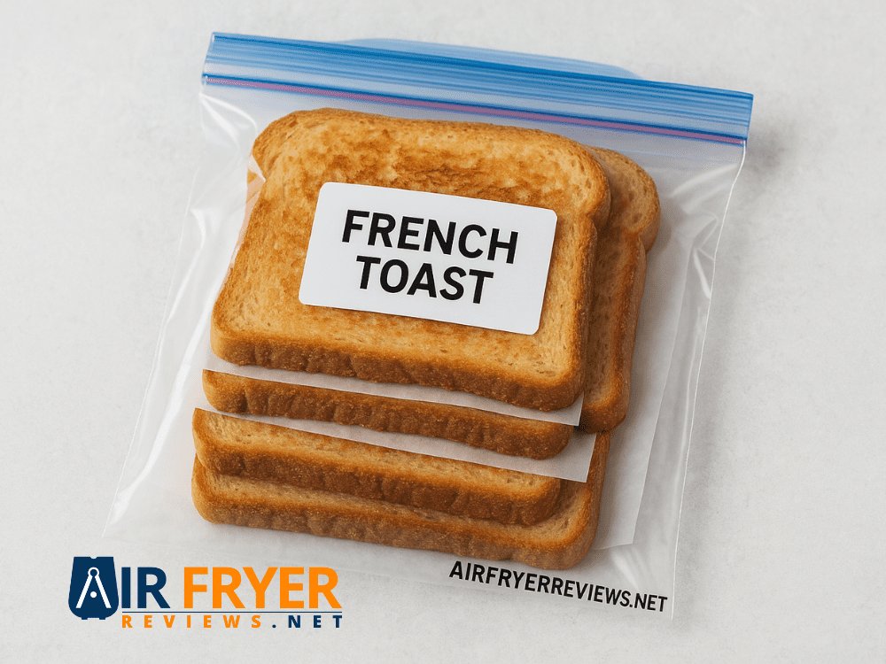 Multiple slices of cooked French toast stacked in a clear resealable plastic freezer bag with a white label reading “FRENCH TOAST,” placed on a light gray countertop.