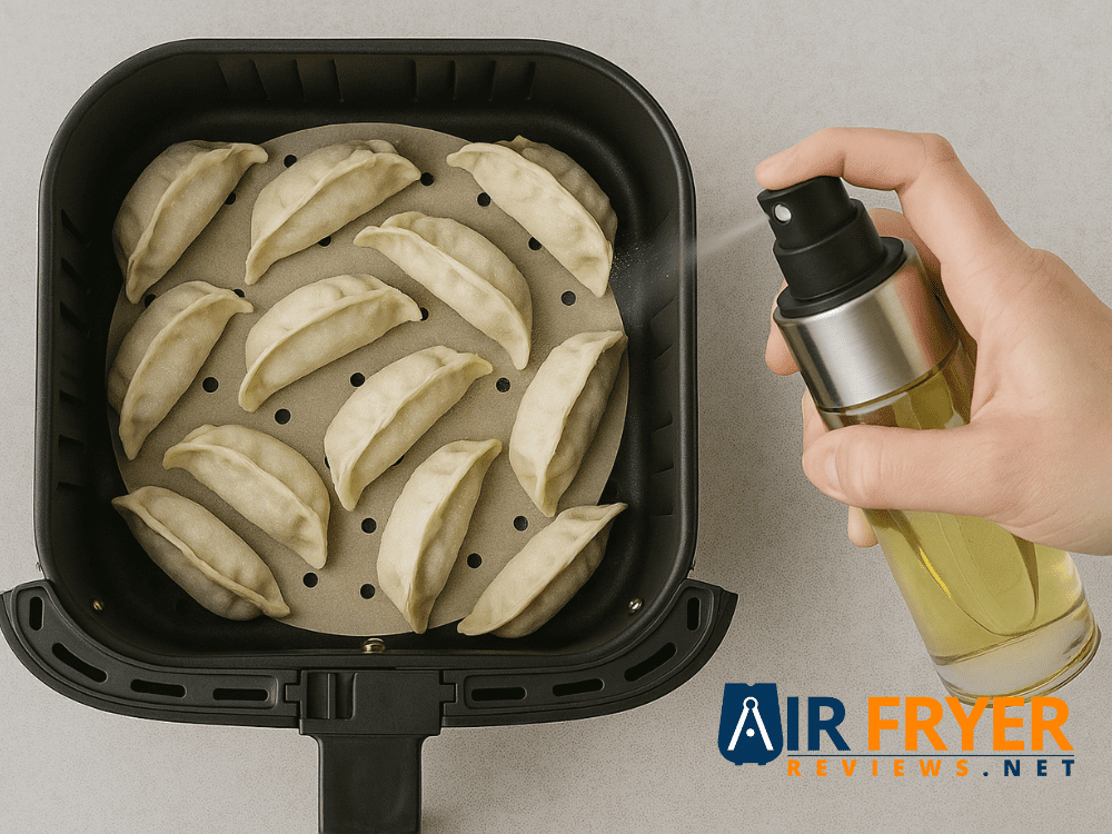 Air Fryer Frozen Potstickers: Quick & Easy Dumplings for a Delicious Snack 12 Frozen potstickers being lightly sprayed with oil from an oil mister Air Fryer Reviews