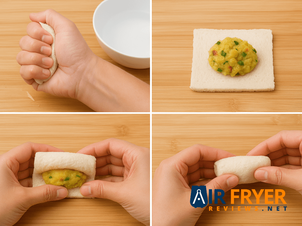 Hands shaping potato bread rolls by squeezing, stuffing, folding and sealing softened bread slices.