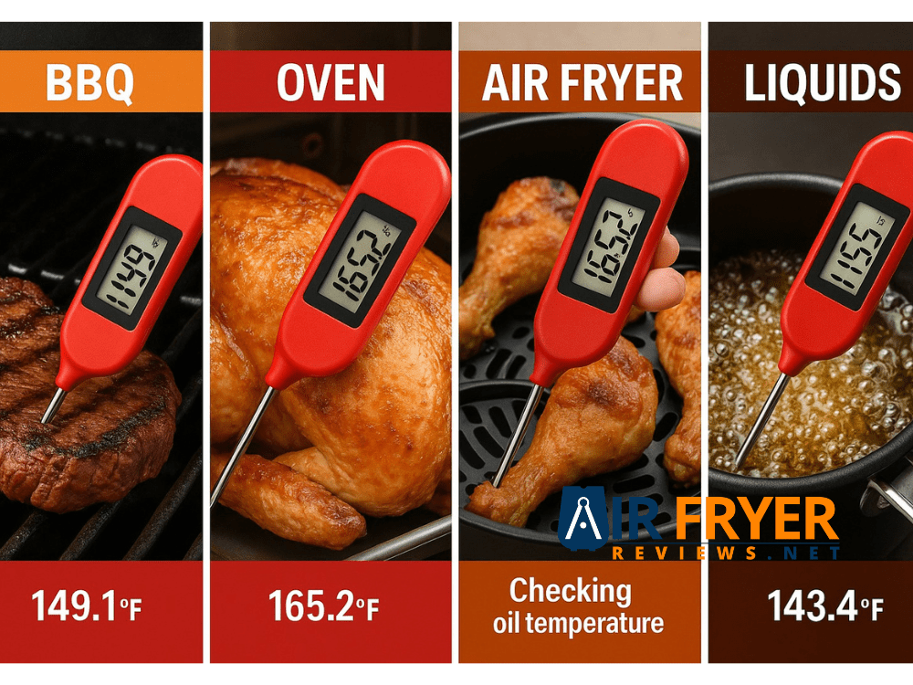 Digital electronic thermometer with LED display showing temperature, used as a measuring instrument and household gauge.
