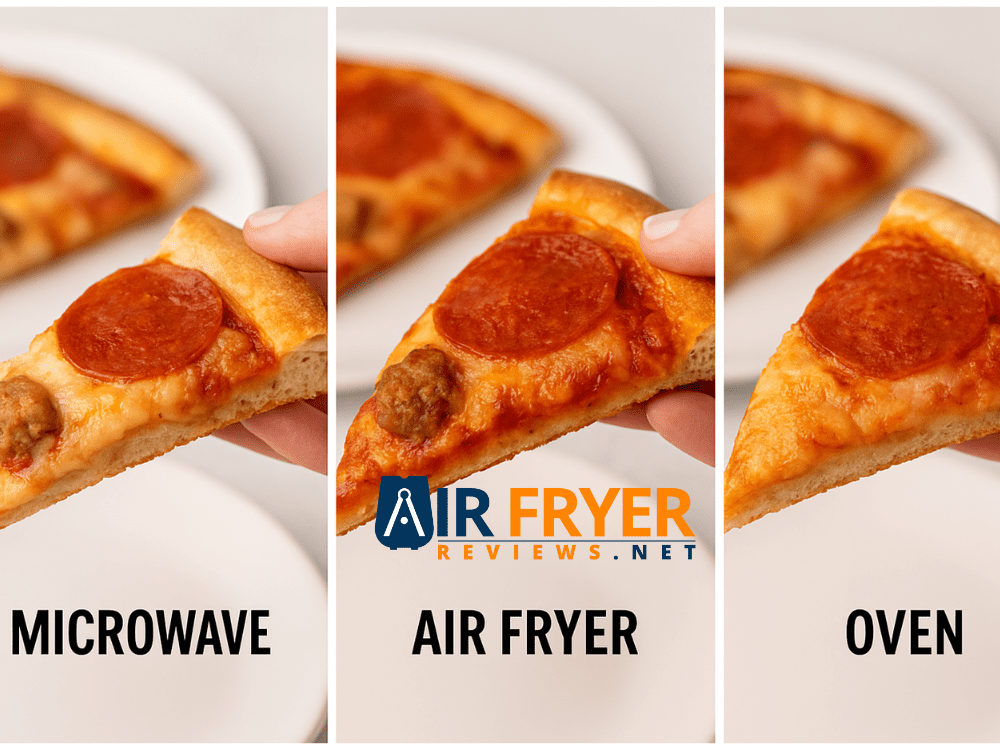 Side-by-side comparison of pizza slices reheated in the microwave, air fryer and oven, showing the air fryer slice with the crispiest crust and best texture.