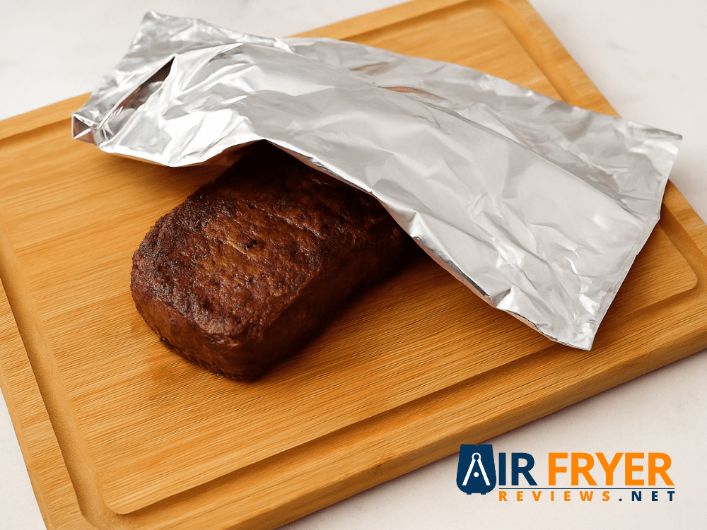 Cooked steak resting on a wooden cutting board, tented loosely with aluminum foil.