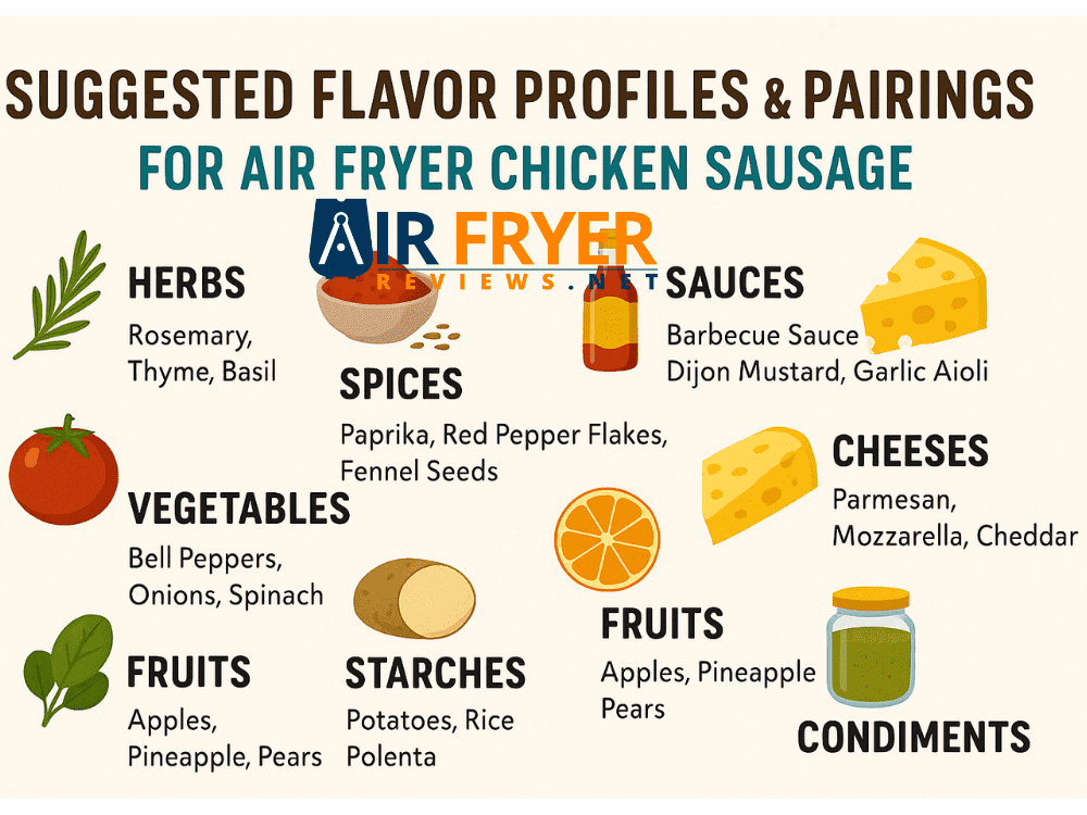 Infographic showing flavor pairings for air fryer chicken sausage, including herbs, spices, vegetables, fruits, sauces, cheeses, starches and condiments with simple food illustrations.
