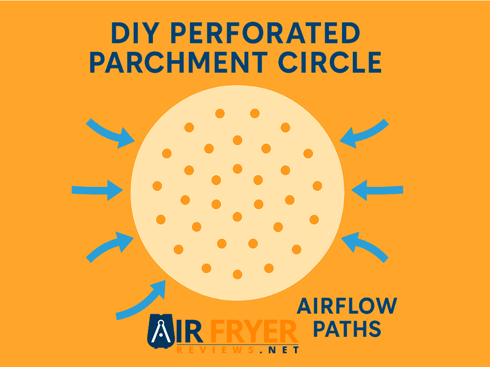 How to Use Parchment Paper in Your Air Fryer: Safe, No Mess & Perfect Results 7 A close-up of a parchment circle with evenly spaced DIY perforations, with labels showing airflow paths.