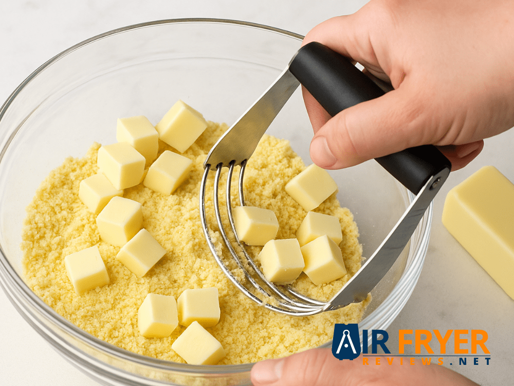 Hands using a pastry blender to cut cold butter into a crumbly flour mixture in a glass bowl.