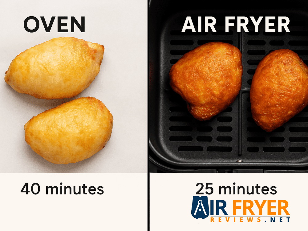 Side-by-side comparison of oven-baked and air-fried chicken pieces, showing the oven version lighter after 40 minutes and the air fryer version crispier and darker after 25 minutes.
