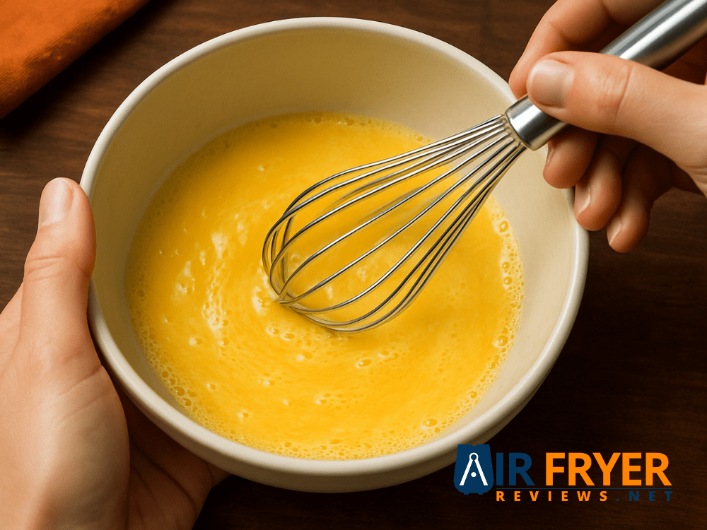 Whisking a yellow batter or egg in a mixing bowl using a kitchen whisk, showing ingredients and tableware during cooking preparation.