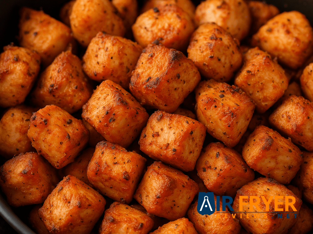Marinated chicken chunks arranged in an air fryer tray.