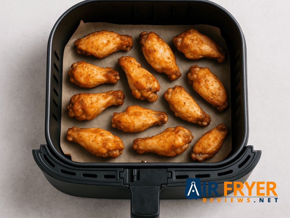 Air fryer basket with wings arranged in a single layer showing proper spacing Air Fryer Reviews