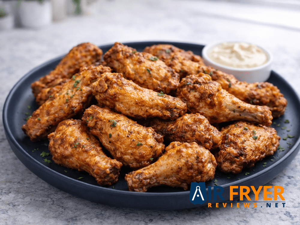 Air fryer frozen chicken wings served on a dark plate with dipping sauce golden and crispy Air Fryer Reviews