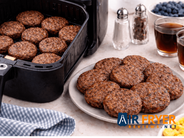 Air fryer sausage patties served on a modern plate in a bright kitchen setting