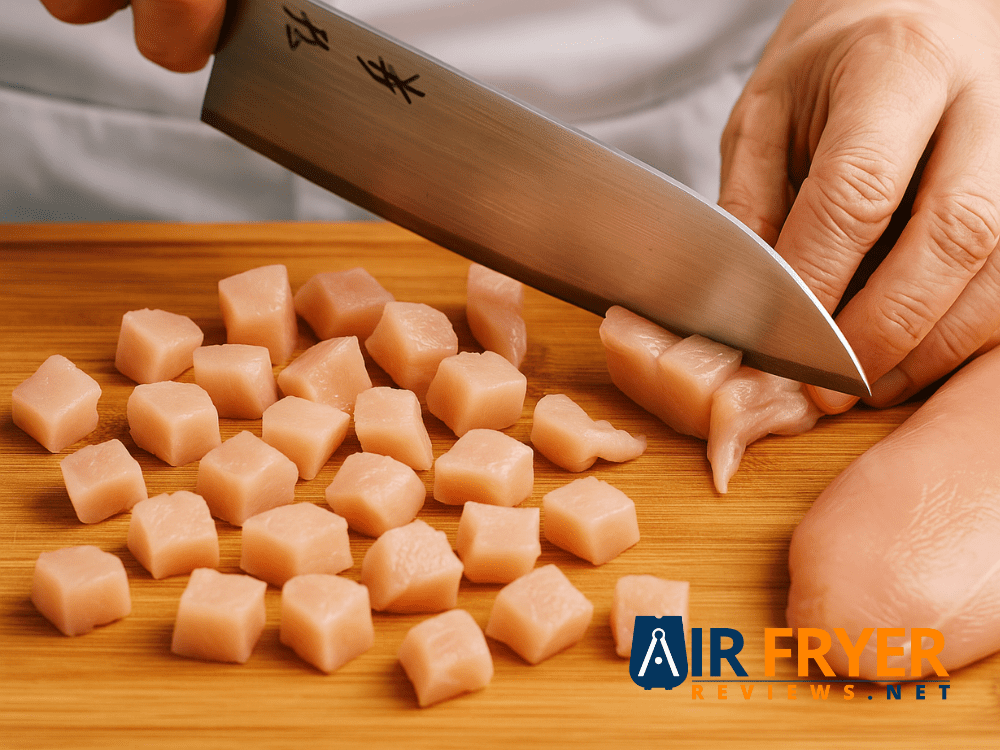 Chef slicing raw chicken into cubes on a wooden board.