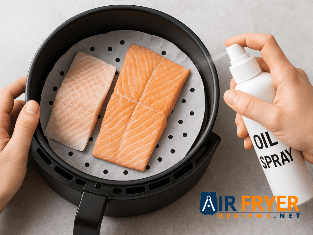 Fish fillets on parchment paper in an air fryer basket with oil spray Air Fryer Reviews