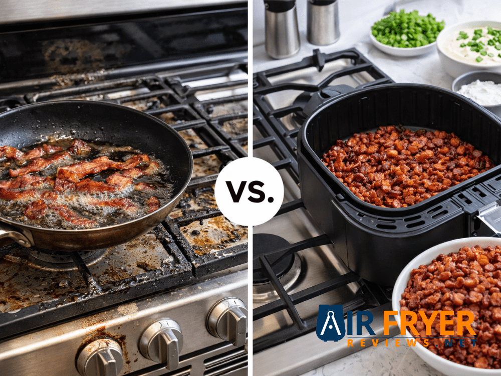 Greasy stovetop frying bacon compared to clean air fryer bacon bits Air Fryer Reviews