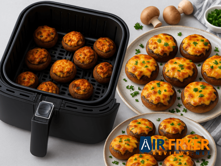 Air fryer filled with stuffed mushrooms beside two plates of baked cheesy mushrooms