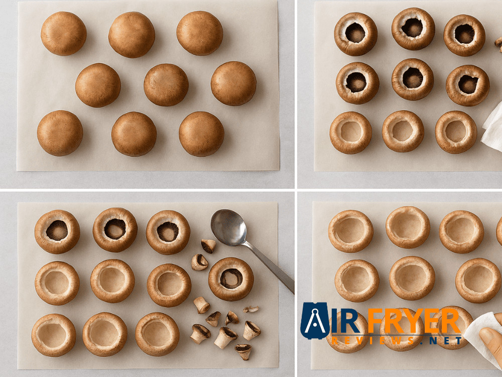 A four-step sequence showing cleaned mushrooms, stems removed, cavities scooped and caps being patted dry.