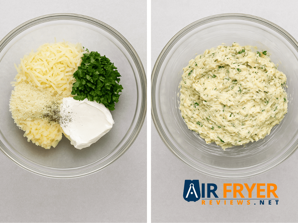 A bowl of measured stuffing ingredients next to a bowl of the mixed creamy mushroom filling.
