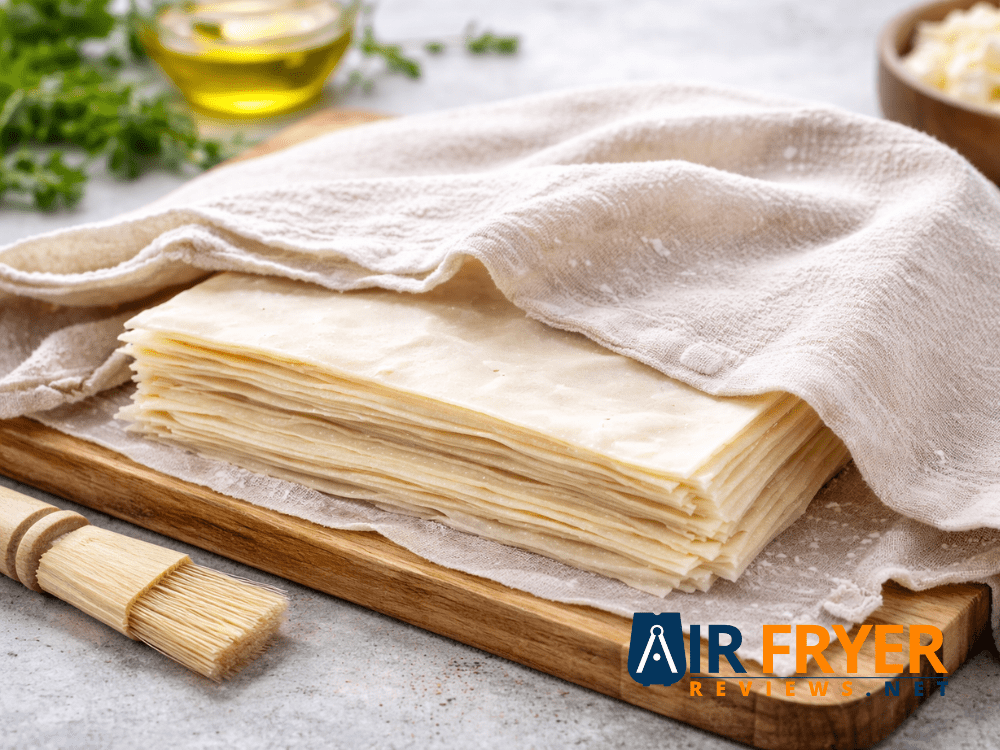A stack of phyllo sheets covered with a damp cloth Air Fryer Reviews