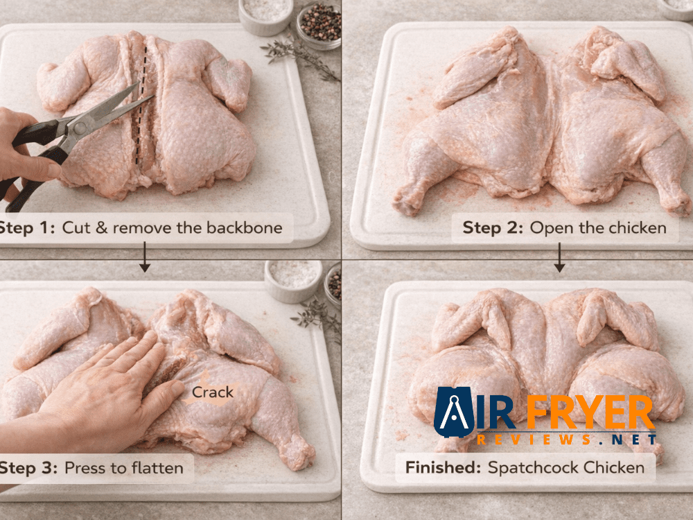 Air Fryer Half Chicken Recipe: Crispy Skin, Juicy Meat, No Stress! 5 Step by step showing backbone removal pressing the breastbone flat and the finished spatchcock label each frame for clarity Air Fryer Reviews