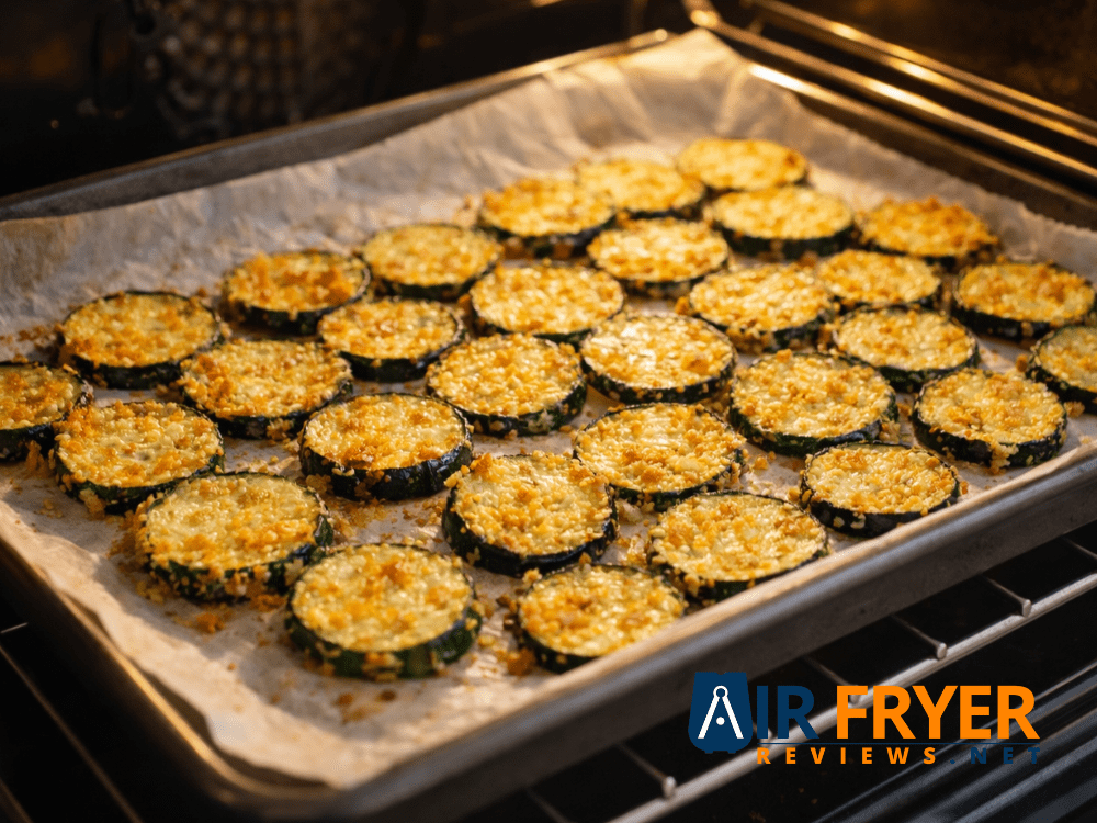 Zucchini parmesan chips baking in oven until golden Air Fryer Reviews