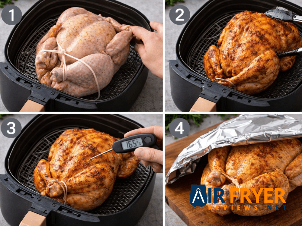 step by step screenshots of placement flipping thermometer check and resting Air Fryer Reviews