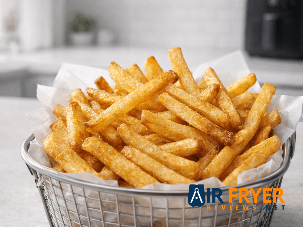 COSORI 2.1 QT Mini Air Fryer: A Glimpse at Its Promise 13 A basket of perfectly golden crispy air fried french fries from the COSORI 2.1 QT Air Fryer Reviews
