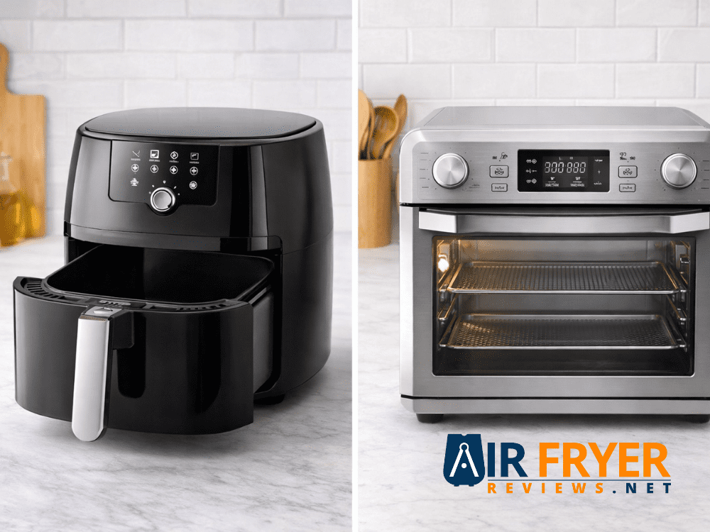 A collage featuring basket style and oven style air fryers for reference Air Fryer Reviews