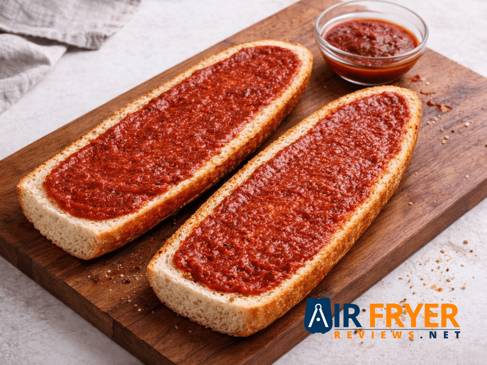 Air Fryer French Bread Pizza (Homemade&Frozen)+Troubleshooting Guide 11 Bread halves shown with sauce evenly spread Air Fryer Reviews