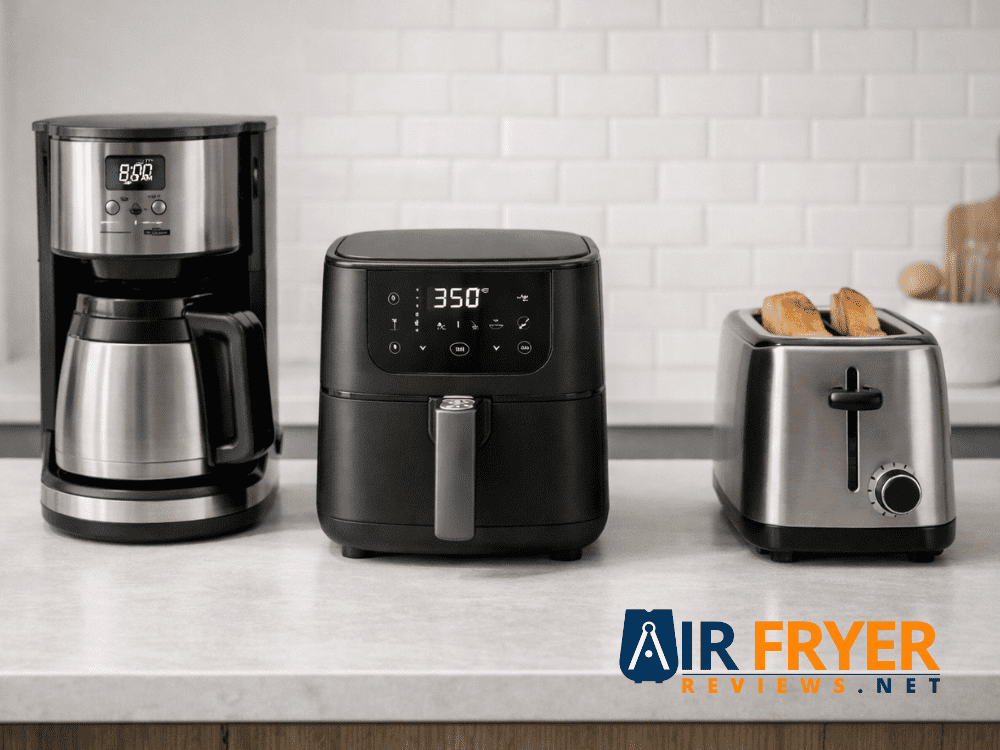 COSORI 2.1 QT Mini Air Fryer: A Glimpse at Its Promise 14 COSORI Mini Air Fryer placed next to a standard coffee maker and toaster for scale on a small kitchen counter Air Fryer Reviews