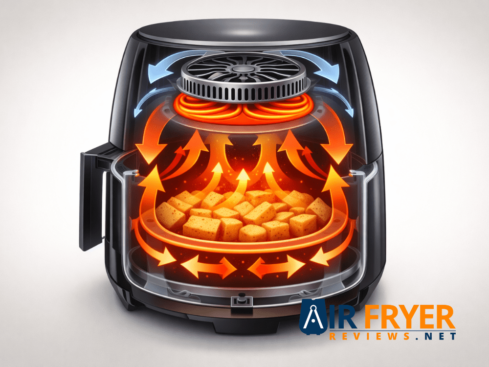 Air Fryer Wattage 101: What It Means for Your Electricity Bill 3 Diagram illustrating airflow paths fan placement and heating element location inside an air fryer basket Air Fryer Reviews