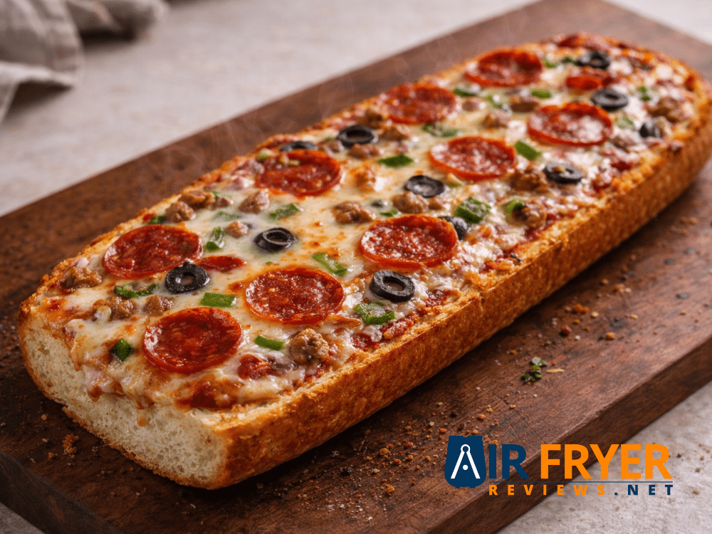 Air Fryer French Bread Pizza (Homemade&Frozen)+Troubleshooting Guide 14 French bread pizzas cooking inside an air fryer basket or tray Air Fryer Reviews