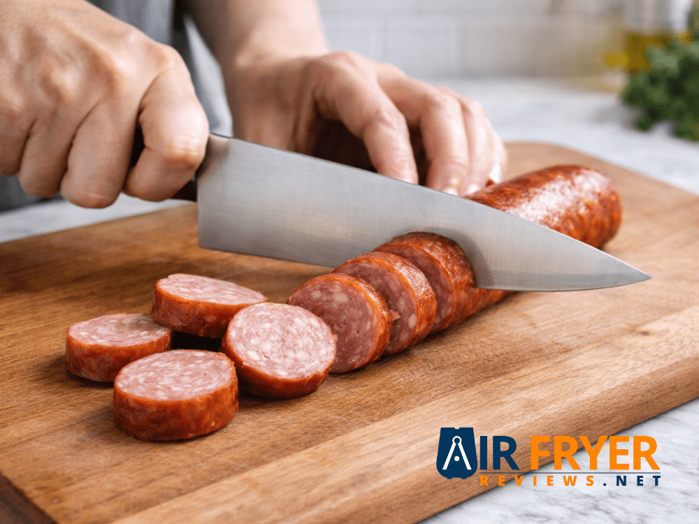Kielbasa being sliced uniformly on a cutting board Air Fryer Reviews
