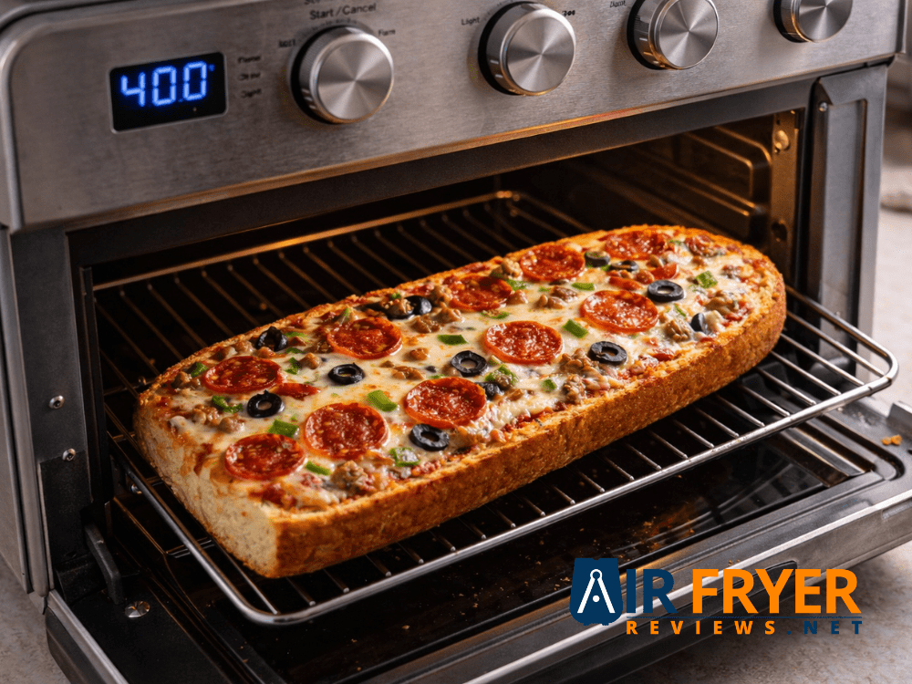 Air Fryer French Bread Pizza (Homemade&Frozen)+Troubleshooting Guide 17 Oven style air fryer with pizza cooking on a tray Air Fryer Reviews