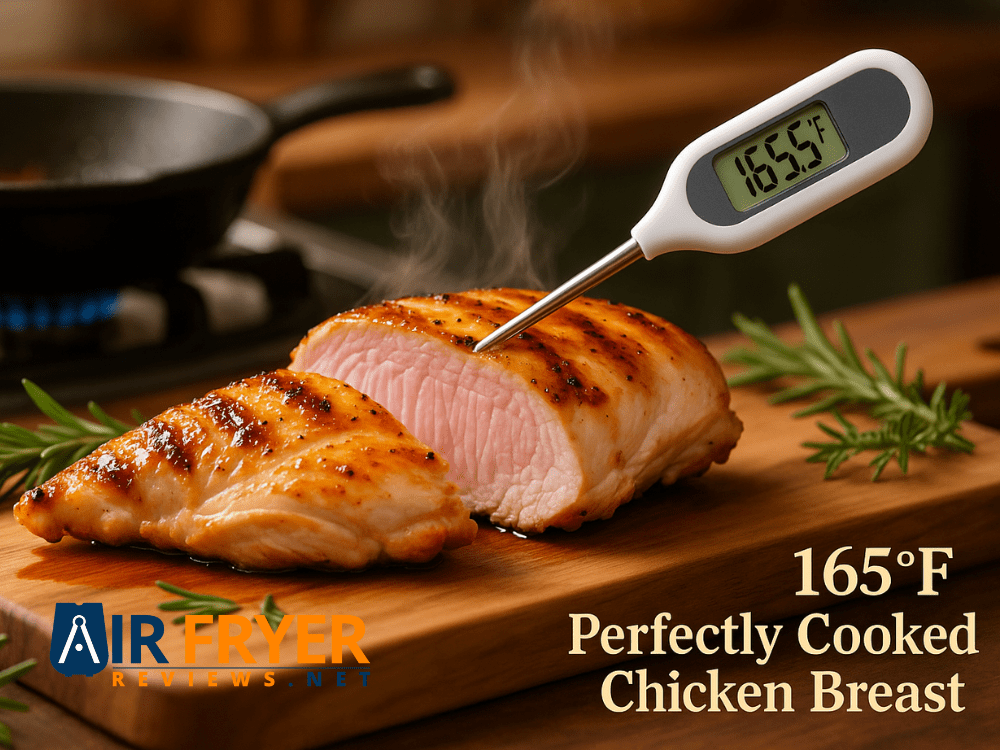 Grilled chicken breast with a thermometer showing 165°F