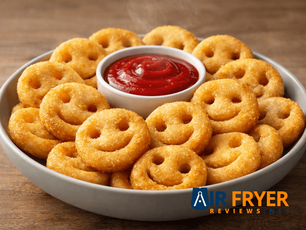 bowl of golden-brown smiley fries with dipping sauce, crispy edges visible