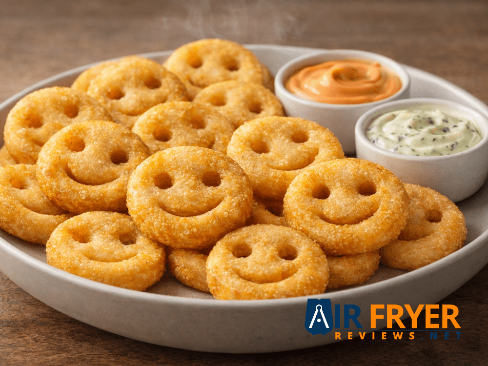 plate of smiley face fries next to ramekins of sriracha mayo and garlic herb aioli