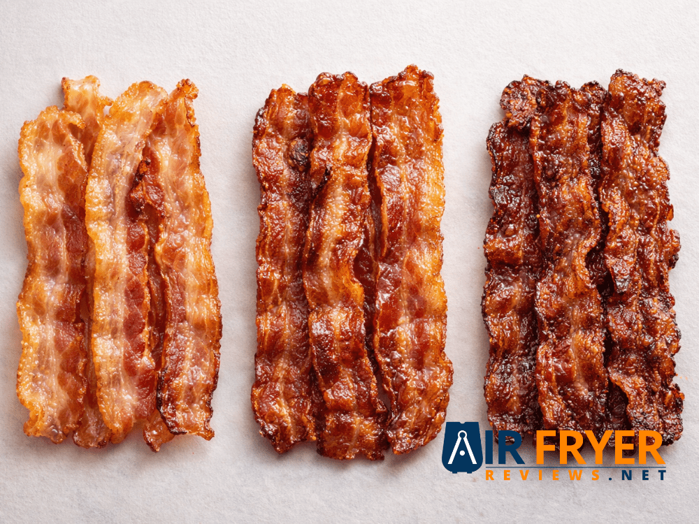 Side by side comparison of lightly crispy medium crispy and extra crispy bacon strips Air Fryer Reviews