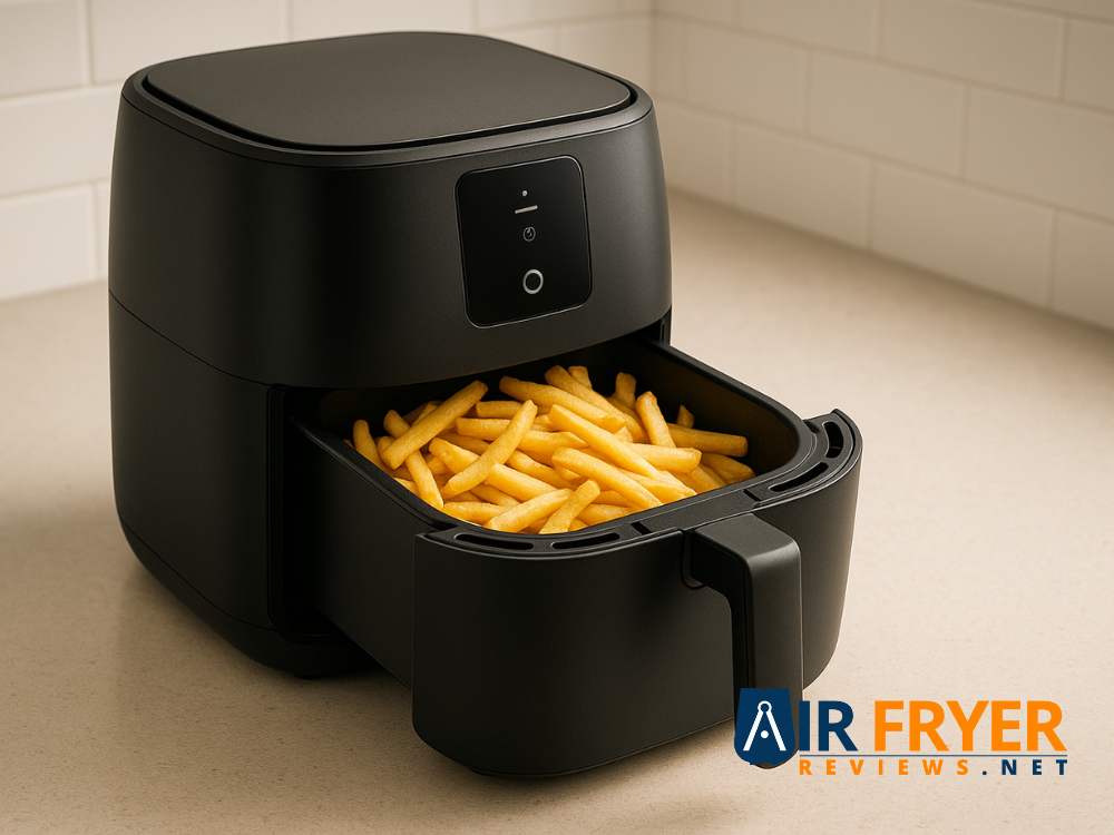 Home 15 modern basket style air fryer on a countertop with golden fries in the basket 1 Air Fryer Reviews
