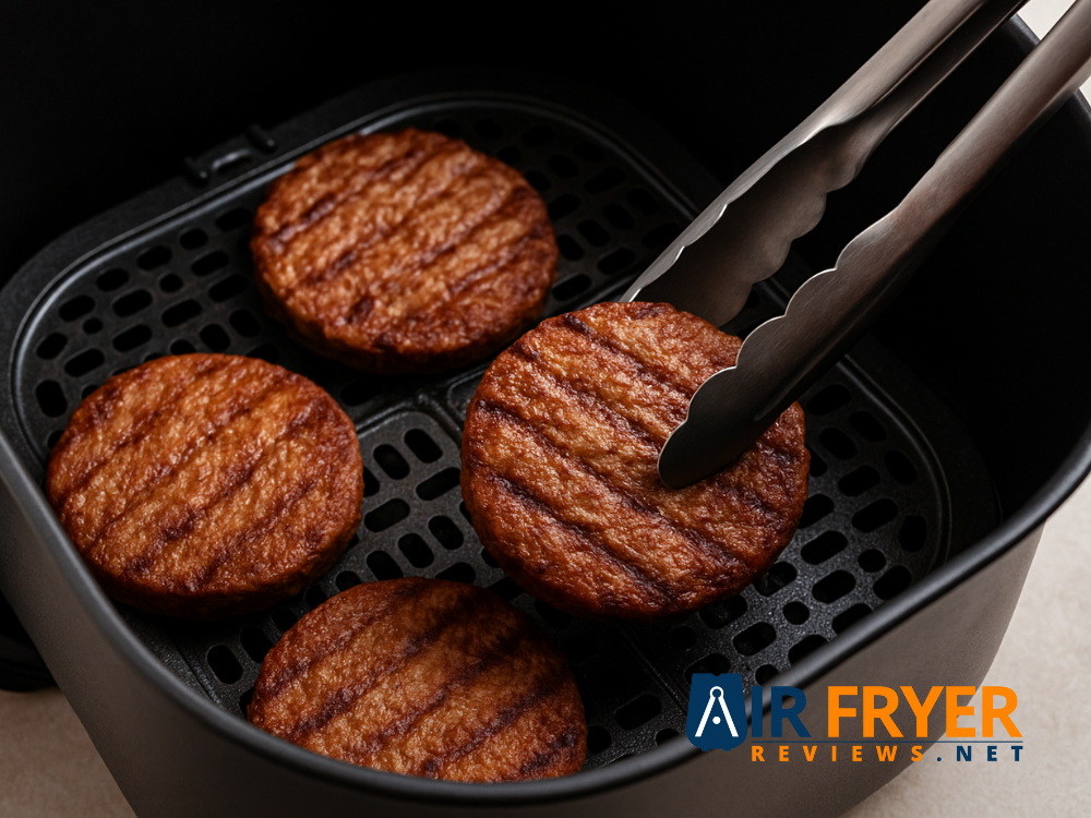 A frozen burger patty being flipped with tongs in the air fryer basket.