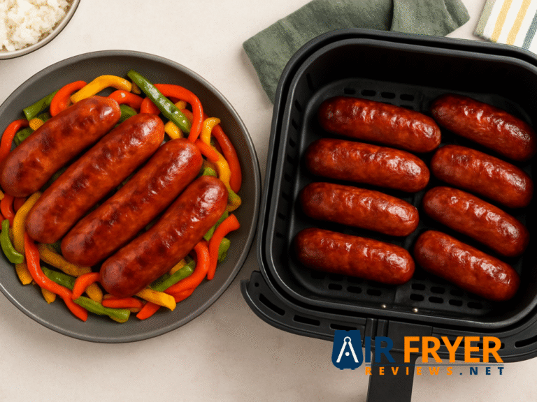 Air fryer chicken sausage cooked to a glossy brown finish, shown with assorted sausage varieties like bratwurst, chorizo, kielbasa and Italian sausage in a kitchen setting with peppers and cookware.