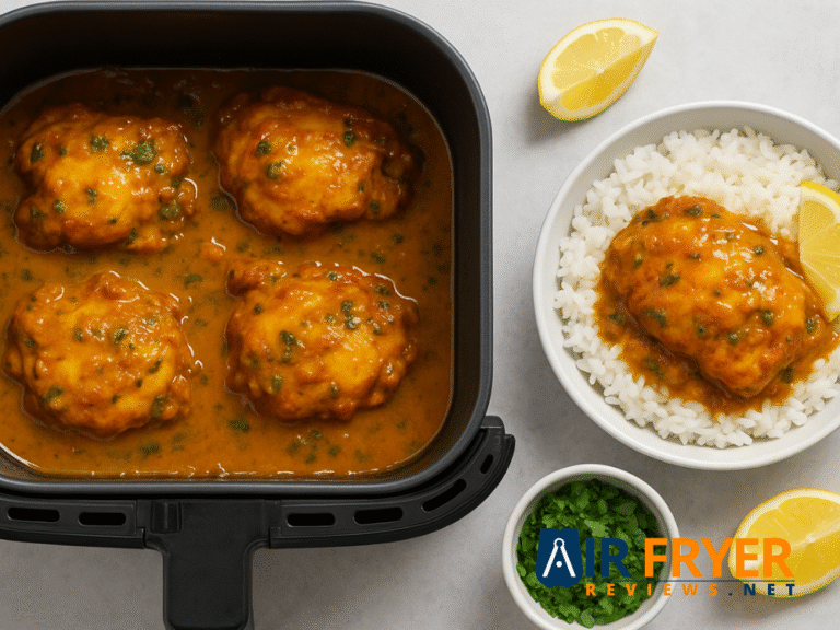 Air fryer chicken curry thighs served with rice, showing cooked meat, rich gravy, kitchen utensils and cookware capturing curry, comfort food, cuisine elements.