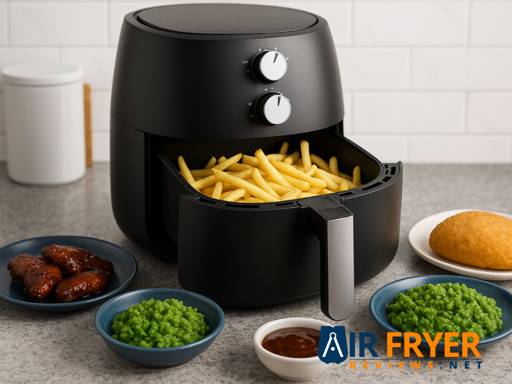 Black basket air fryer with fries in the open drawer, surrounded by glazed chicken, mashed green vegetables and a fried turnover on a kitchen counter.